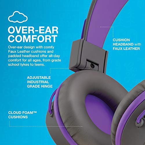 JLab JBuddies Studio On-Ear Kids Wired Headphones, Graphite/Purple, Toddler Headphones, Kid Safe, Studio Volume Safe, Volume Limiter, Folding, Adjustable, Noise Isolation, with Mic