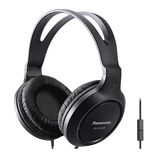 Panasonic Lightweight Over The Ear Wired Headphones with Microphone, Sound and XBS for Extra Bass, Long Cord, 3.5mm Jack for Phones and Laptops – RP-HT161M (Black)