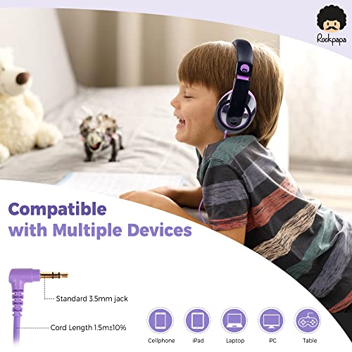 rockpapa Comfort Kids Headphones for School, Lightweight Childrens Boys Girls Teens Over-Ear Headphones Wired 3.5mm for CD DVD Player Tablet Phone Travel Black/Purple