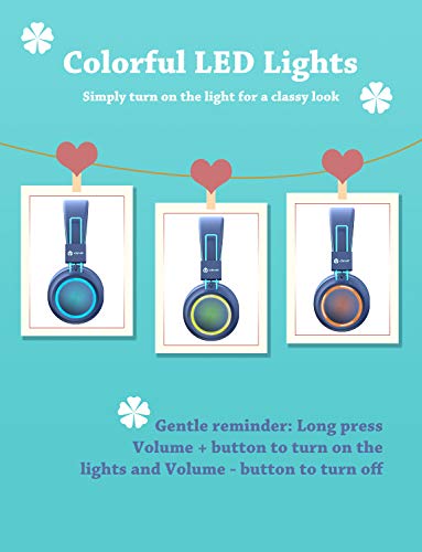 iClever Kids Bluetooth Headphones LED Light Up with Safe Volume, 25H Playtime, Stereo Sound Mic, Bluetooth 5.0, Foldable, On Ear Kids Wireless Headphones for Tablet/Airplane/Travel, BTH03 Blue