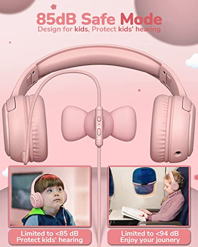 awatrue Kids Headphones with Microphone Foldable Stereo Tangle-Free 3.5mm Jack Wired Cord On-Ear Headset for Children/Teens/Boys/Girls/Smartphones/School/Kindle/Airplane Travel/Plane/Tablet (Pink)