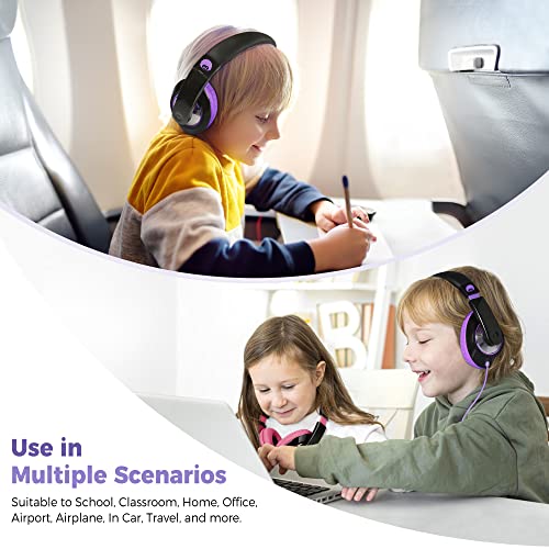 rockpapa Comfort Kids Headphones for School, Lightweight Childrens Boys Girls Teens Over-Ear Headphones Wired 3.5mm for CD DVD Player Tablet Phone Travel Black/Purple