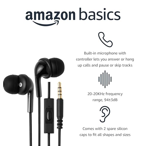 Amazon Basics In Ear Wired Headphones, Earbuds with Microphone No Wireless Technology, 51.18 x 0.79 x 0.51 inches, Black