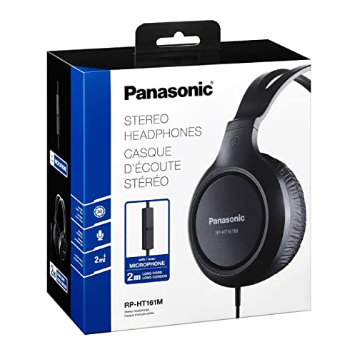Panasonic Lightweight Over The Ear Wired Headphones with Microphone, Sound and XBS for Extra Bass, Long Cord, 3.5mm Jack for Phones and Laptops – RP-HT161M (Black)