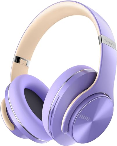 DOQAUS Bluetooth Headphones Over Ear, 90 Hours Playtime Wireless Headphones with 3 EQ Modes, Noise Isolating HiFi Stereo Headphones with Deep Bass, Mic, Soft Earpads for Cellphone/PC (Purple)
