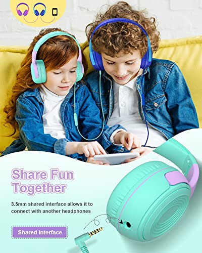 ELECDER Kids Headphones, S8 Wired Headphones for Kids with Microphone for Boys Girls, Adjustable 85dB/94dB Volume Limited, 3.5 mm Jack for/Kindle/Smartphones/Tablet/Airplane Travel(Green/Purple)
