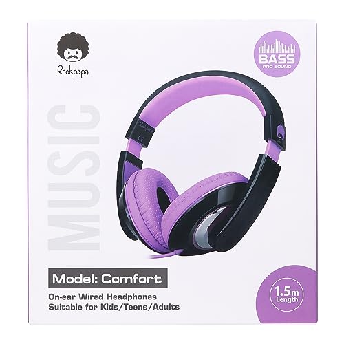 rockpapa Comfort Kids Headphones for School, Lightweight Childrens Boys Girls Teens Over-Ear Headphones Wired 3.5mm for CD DVD Player Tablet Phone Travel Black/Purple