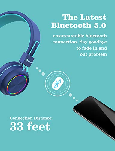 iClever Kids Bluetooth Headphones LED Light Up with Safe Volume, 25H Playtime, Stereo Sound Mic, Bluetooth 5.0, Foldable, On Ear Kids Wireless Headphones for Tablet/Airplane/Travel, BTH03 Blue