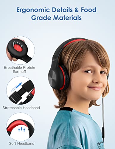 Nabevi Headphones for Kids for School, Kids Headphones with Microphone, Sharing Function, 85dB/94dB Safe Volume Limit, HD Sound, Over Ear Kids Headphones for School, On-line Study, Travel [Red]