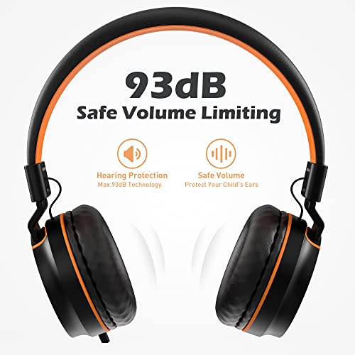 AILIHEN Kids Headphones, I35 On-Ear Headphones for School, Safe Volume 93dB, HD Mic Stereo Headphone for Kid Girls Boys, Foldable 3.5mm Wired for Chromebook, Laptop, Computer, Tablet (Black Orange)