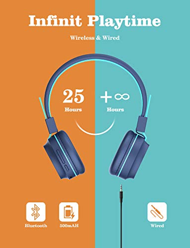 iClever Kids Bluetooth Headphones LED Light Up with Safe Volume, 25H Playtime, Stereo Sound Mic, Bluetooth 5.0, Foldable, On Ear Kids Wireless Headphones for Tablet/Airplane/Travel, BTH03 Blue
