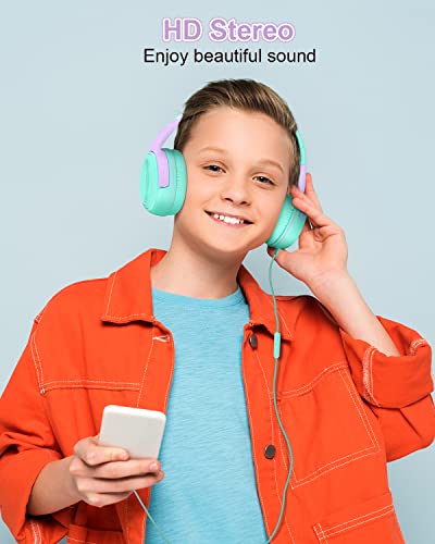ELECDER Kids Headphones, S8 Wired Headphones for Kids with Microphone for Boys Girls, Adjustable 85dB/94dB Volume Limited, 3.5 mm Jack for/Kindle/Smartphones/Tablet/Airplane Travel(Green/Purple)