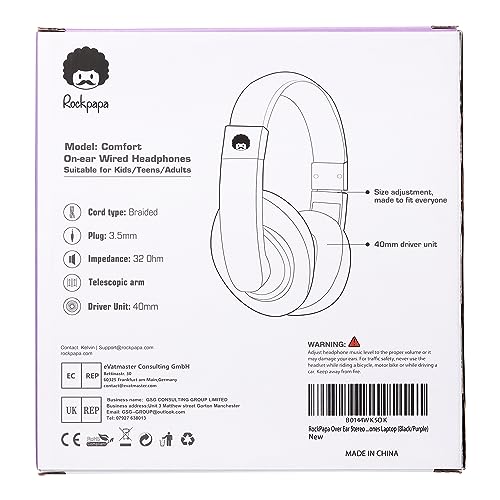 rockpapa Comfort Kids Headphones for School, Lightweight Childrens Boys Girls Teens Over-Ear Headphones Wired 3.5mm for CD DVD Player Tablet Phone Travel Black/Purple