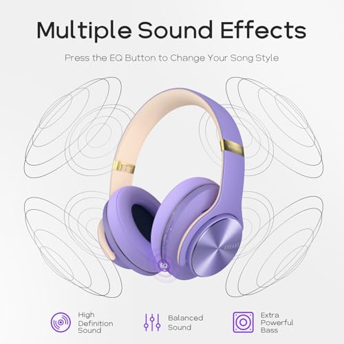 DOQAUS Bluetooth Headphones Over Ear, 90 Hours Playtime Wireless Headphones with 3 EQ Modes, Noise Isolating HiFi Stereo Headphones with Deep Bass, Mic, Soft Earpads for Cellphone/PC (Purple)