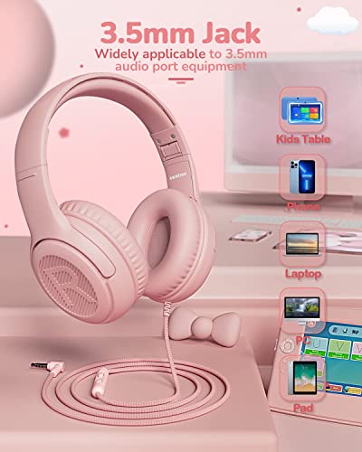 awatrue Kids Headphones with Microphone Foldable Stereo Tangle-Free 3.5mm Jack Wired Cord On-Ear Headset for Children/Teens/Boys/Girls/Smartphones/School/Kindle/Airplane Travel/Plane/Tablet (Pink)
