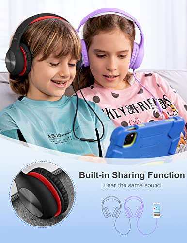 Nabevi Headphones for Kids for School, Kids Headphones with Microphone, Sharing Function, 85dB/94dB Safe Volume Limit, HD Sound, Over Ear Kids Headphones for School, On-line Study, Travel [Red]