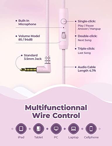 iClever HS19 Kids Headphones with Microphone for School, Volume Limiter 85/94dB, Over-Ear Girls Boys Headphones for Kids with Shareport, Foldable Wired Headphones for iPad/Travel (Pink)