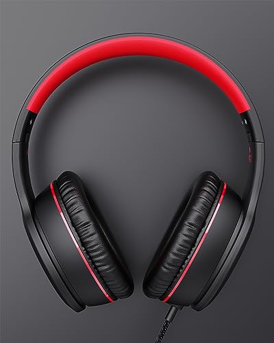 NIVAVA Wired Headphones with Microphone, K16 On-Ear Headphones for Kids with 3.5MM Jack, Foldable Stereo Bass Headphones for Teens School Amazon Kindle, Fire, Chromebook, Tablet(Black Red)