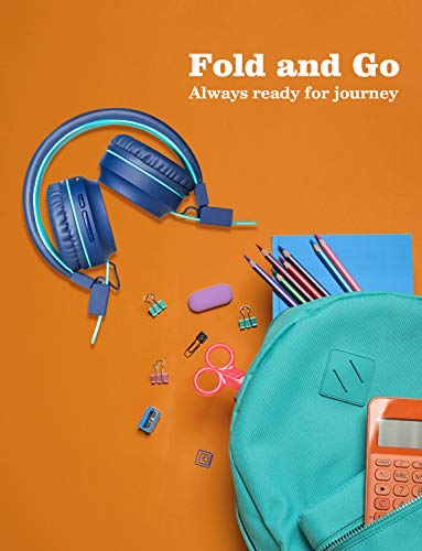 iClever Kids Bluetooth Headphones LED Light Up with Safe Volume, 25H Playtime, Stereo Sound Mic, Bluetooth 5.0, Foldable, On Ear Kids Wireless Headphones for Tablet/Airplane/Travel, BTH03 Blue