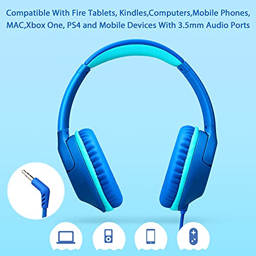 POWMEE P20 Kids Headphones for School, Kids/Teens/Boys/Girls with Safe 94dB Volume Limited, 3.5mm Jack Wired Cord Over-Ear for Fire Tablets/Travel/PC/Phones(Blue)