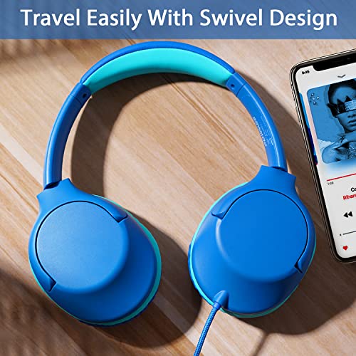 POWMEE P20 Kids Headphones for School, Kids/Teens/Boys/Girls with Safe 94dB Volume Limited, 3.5mm Jack Wired Cord Over-Ear for Fire Tablets/Travel/PC/Phones(Blue)