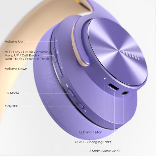 DOQAUS Bluetooth Headphones Over Ear, 90 Hours Playtime Wireless Headphones with 3 EQ Modes, Noise Isolating HiFi Stereo Headphones with Deep Bass, Mic, Soft Earpads for Cellphone/PC (Purple)