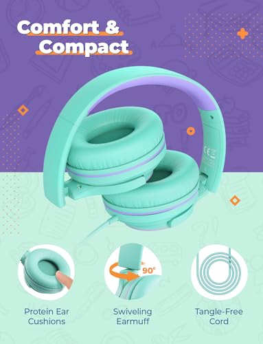 iClever 2Pack Kids Headphones with Sharing Splitter - 94dB Safe Volume Limited - HS22 Wired Headphones for Kids Teens, Tangle-Free 3.5mm Jack Foldable Stereo Headphones for School/Tablet/Travel