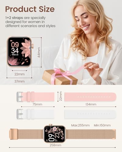 Smart Watches for Women,Fitness Tracker Watch for Android Phones/iPhone Compatible,1.85" Womens Watch with Blood Pressure Monitor,Calls and Messages/Heart Rate/Sleep/Female Cycle(3 Watch Bands)