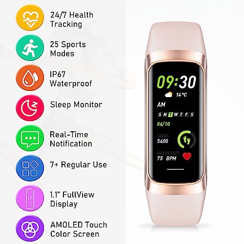 Fitness Tracker with Step Counter, Heart Rate, Calorie Tracking, Activity Tracker with 1.1" AMOLED Screen, Waterproof Step Fitness Tracker for Android iPhones Women Men