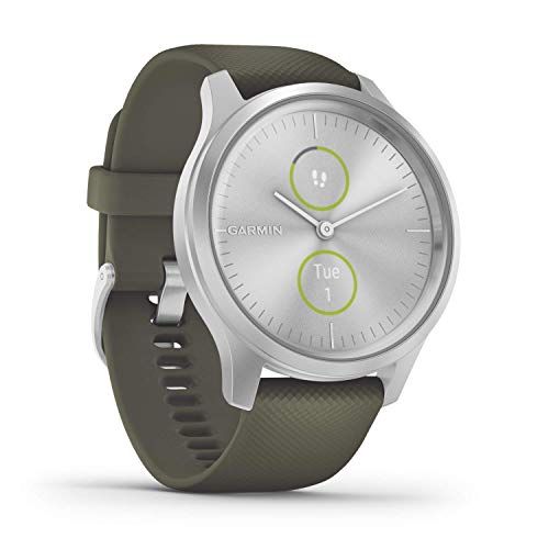Garmin vívomove Style, Hybrid Smartwatch with Real Watch Hands and Hidden Color Touchscreen Displays, Silver with Moss Green Band (Renewed)