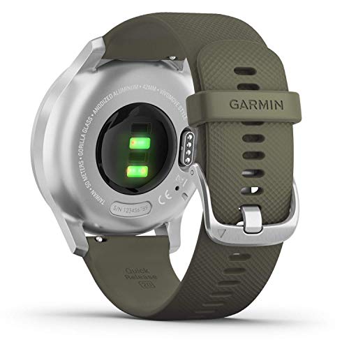 Garmin vívomove Style, Hybrid Smartwatch with Real Watch Hands and Hidden Color Touchscreen Displays, Silver with Moss Green Band (Renewed)