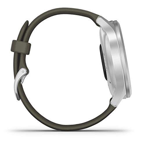 Garmin vívomove Style, Hybrid Smartwatch with Real Watch Hands and Hidden Color Touchscreen Displays, Silver with Moss Green Band (Renewed)