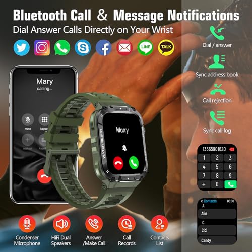 Hvlgmrc Military Smart Watch for Men 1.96 Inches Outdoor Sports Smartwatch with Answer/Make Call,Fitness Watch,Blood Oxygen,Heart Rate and Sleep Monitor Compatible with iPhone and Android Phones
