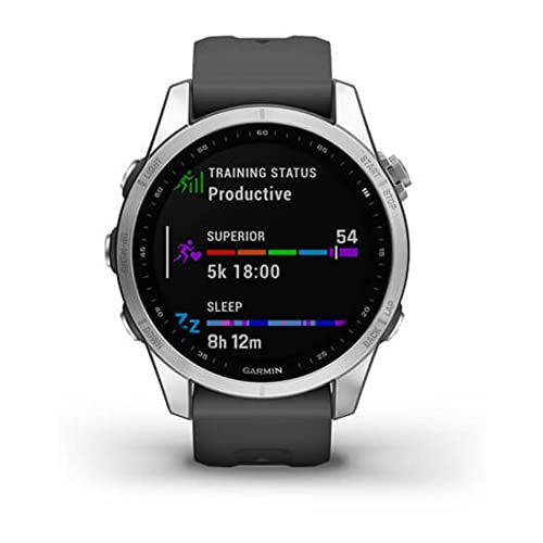Garmin fenix 7S, smaller sized adventure smartwatch, rugged outdoor watch with GPS, touchscreen, health and wellness features, silver with graphite band, 010-02539-00