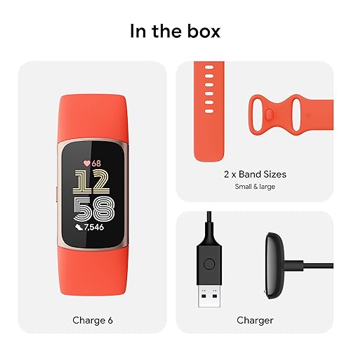 Fitbit Charge 6 Fitness Tracker with Heart Rate, GPS, Premium Membership, and Health Tools - Gold Case w/ Red Band, 1.04 Screen