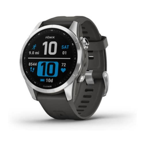 Garmin fenix 7S, smaller sized adventure smartwatch, rugged outdoor watch with GPS, touchscreen, health and wellness features, silver with graphite band, 010-02539-00