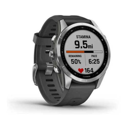 Garmin fenix 7S, smaller sized adventure smartwatch, rugged outdoor watch with GPS, touchscreen, health and wellness features, silver with graphite band, 010-02539-00
