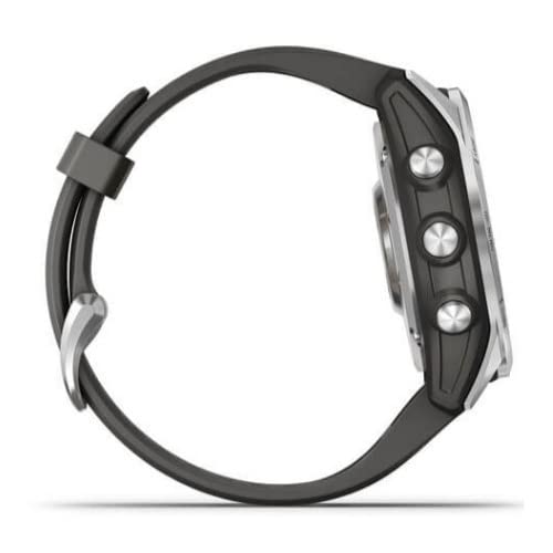 Garmin fenix 7S, smaller sized adventure smartwatch, rugged outdoor watch with GPS, touchscreen, health and wellness features, silver with graphite band, 010-02539-00