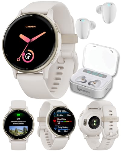 Wearable4U - Garmin Vivoactive 5 Health and Fitness GPS Smartwatch, 1.2in AMOLED Display, Up to 11 Days of Battery, Cream Gold Aluminum Bezel with White Earbuds Bundle