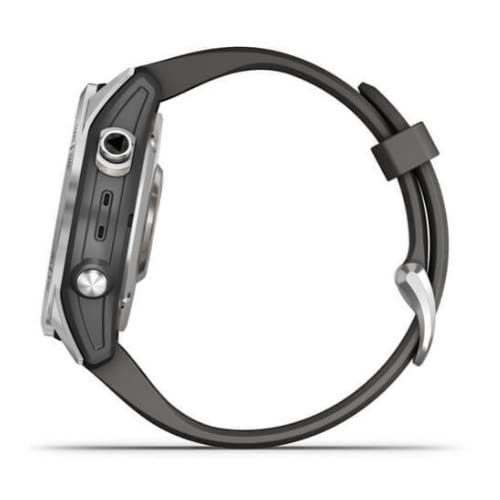 Garmin fenix 7S, smaller sized adventure smartwatch, rugged outdoor watch with GPS, touchscreen, health and wellness features, silver with graphite band, 010-02539-00