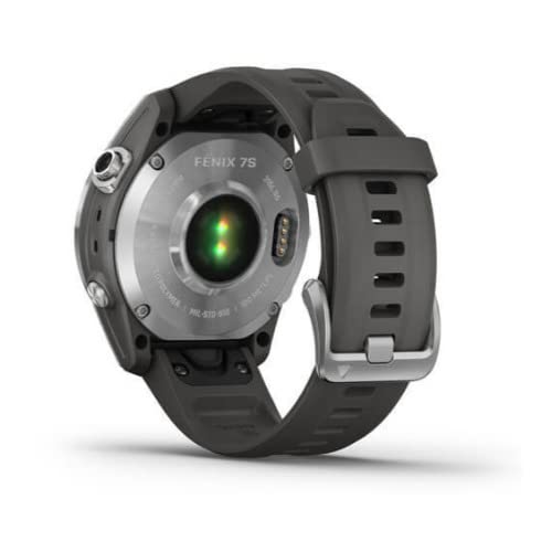Garmin fenix 7S, smaller sized adventure smartwatch, rugged outdoor watch with GPS, touchscreen, health and wellness features, silver with graphite band, 010-02539-00