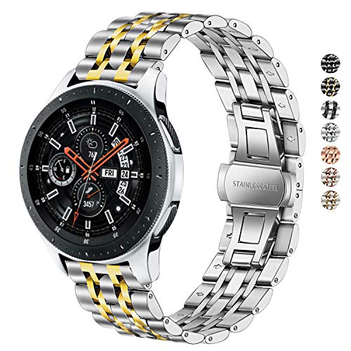 DEALELE Band Compatible with Samsung Gear S3 / Galaxy Watch 46mm / Galaxy Watch 3 45mm, 22mm 7-Rows Stainless Steel Metal Replacement Strap for Huawei Watch 3/3 Pro / GT3 46mm (Silver-Gold)