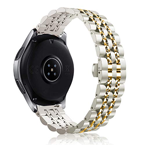 DEALELE Band Compatible with Samsung Gear S3 / Galaxy Watch 46mm / Galaxy Watch 3 45mm, 22mm 7-Rows Stainless Steel Metal Replacement Strap for Huawei Watch 3/3 Pro / GT3 46mm (Silver-Gold)