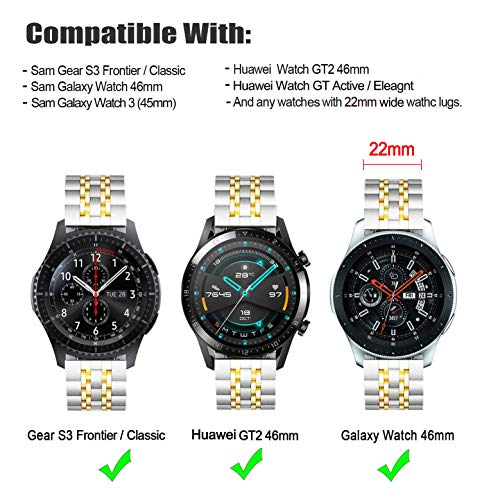DEALELE Band Compatible with Samsung Gear S3 / Galaxy Watch 46mm / Galaxy Watch 3 45mm, 22mm 7-Rows Stainless Steel Metal Replacement Strap for Huawei Watch 3/3 Pro / GT3 46mm (Silver-Gold)