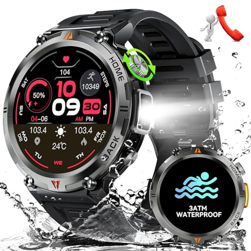 JELLOO Military Smart Watch for Men with LED Flashlight(Answer/Make Call) 3ATM Waterproof Rugged Tactical Smartwatch with 110+ Sports Mods Heart Rate/SpO2 1.45’’ HD Fitness Watch for iPhone Android