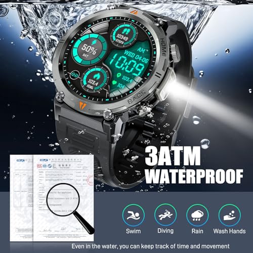 JELLOO Military Smart Watch for Men with LED Flashlight(Answer/Make Call) 3ATM Waterproof Rugged Tactical Smartwatch with 110+ Sports Mods Heart Rate/SpO2 1.45’’ HD Fitness Watch for iPhone Android
