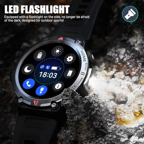 JELLOO Military Smart Watch for Men with LED Flashlight(Answer/Make Call) 3ATM Waterproof Rugged Tactical Smartwatch with 110+ Sports Mods Heart Rate/SpO2 1.45’’ HD Fitness Watch for iPhone Android