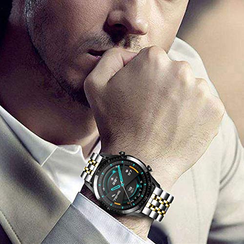 DEALELE Band Compatible with Samsung Gear S3 / Galaxy Watch 46mm / Galaxy Watch 3 45mm, 22mm 7-Rows Stainless Steel Metal Replacement Strap for Huawei Watch 3/3 Pro / GT3 46mm (Silver-Gold)
