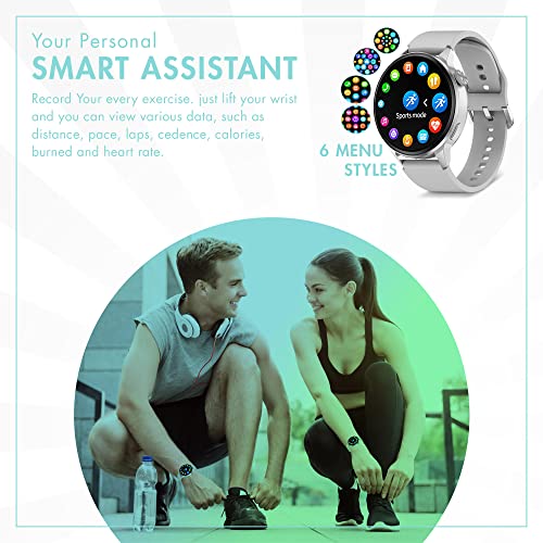 EKTON Smart Watches for Men & Women - Smart Watch for Android Phones, Make/Answer Calls, Messaging, Voice Assistant, NFC Functions, Wireless Charging, Long Battery Life, Silver