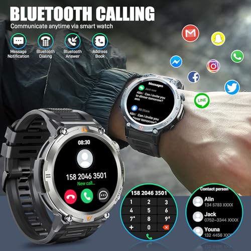 JELLOO Military Smart Watch for Men with LED Flashlight(Answer/Make Call) 3ATM Waterproof Rugged Tactical Smartwatch with 110+ Sports Mods Heart Rate/SpO2 1.45’’ HD Fitness Watch for iPhone Android